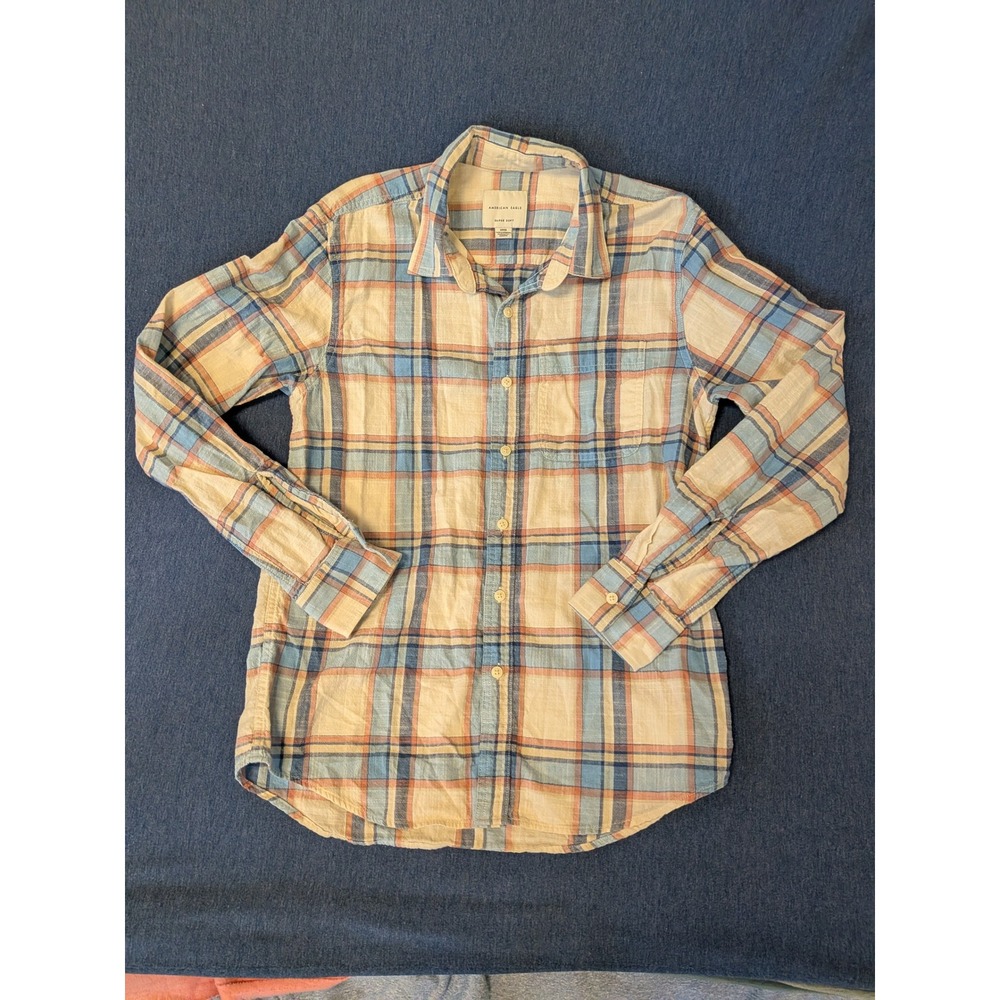 American Eagle Super Soft Plaid Button Down Shirt Blue Orange Small